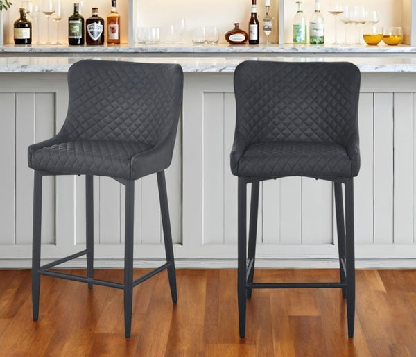 Homeroots Set Of Two 30" Gray And Black Faux Leather And Metal Low Back Bar Height Bar Chairs   555062