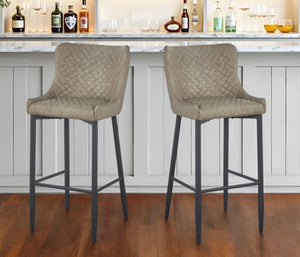 Homeroots Set Of Two 30" Gray And Black Faux Leather And Metal Low Back Bar Height Bar Chairs   555063