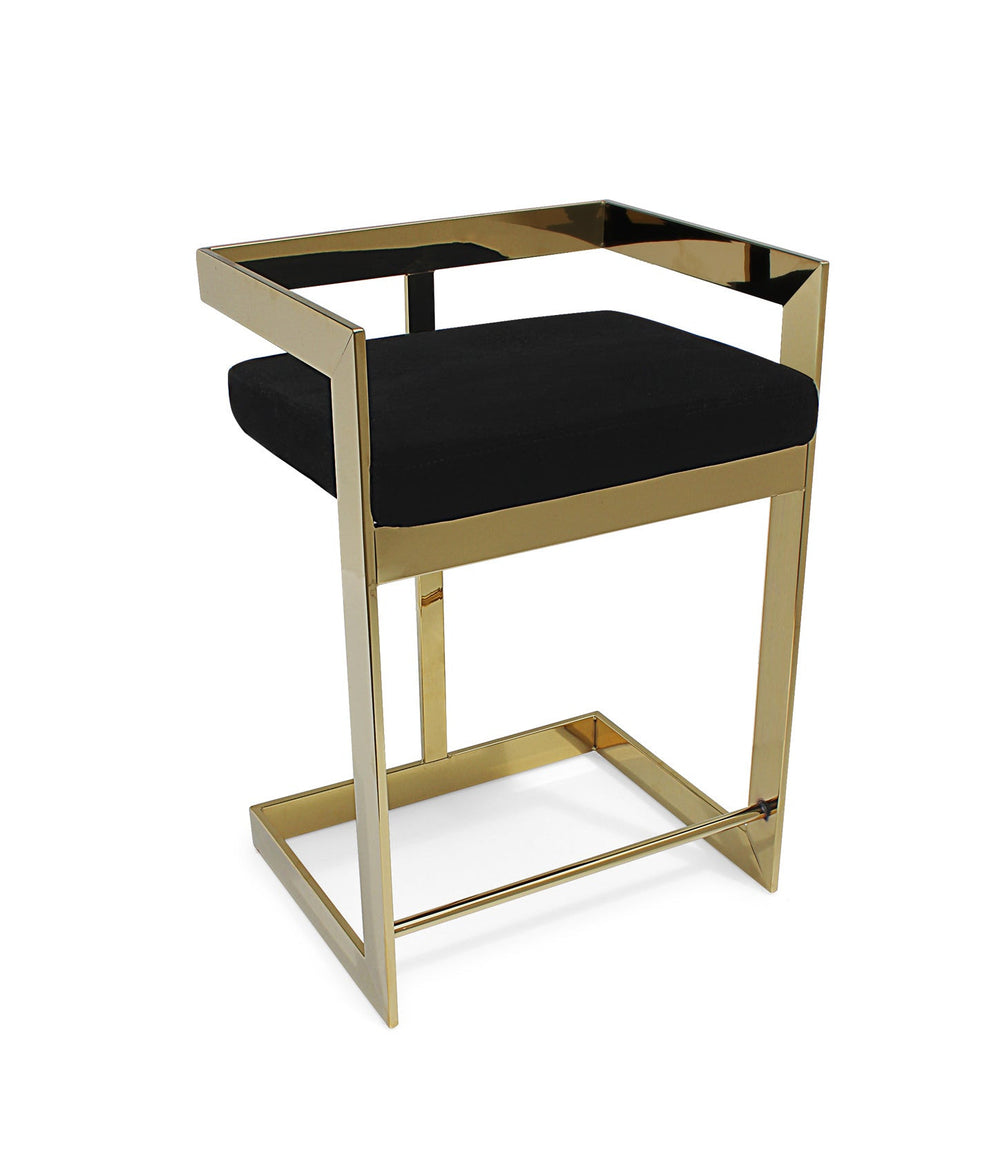 Homeroots 30" Black And Gold Velvet And Stainless Steel Low Back Bar Height Bar Chair   555064