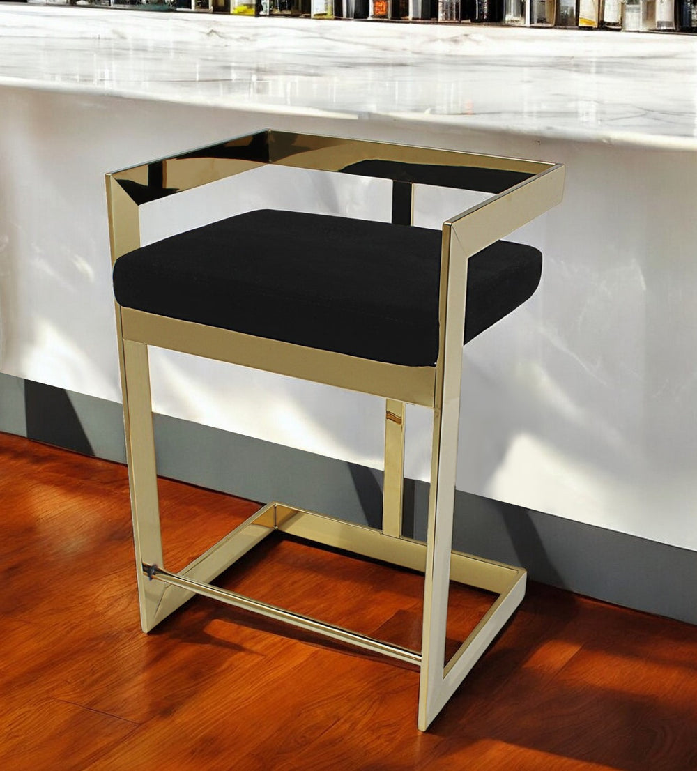 Homeroots 30" Black And Gold Velvet And Stainless Steel Low Back Bar Height Bar Chair   555064