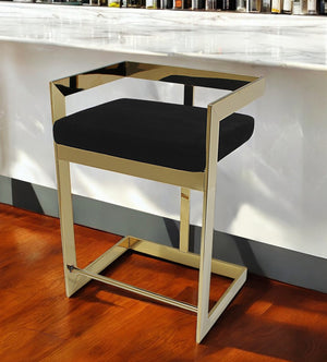 Homeroots 30" Black And Gold Velvet And Stainless Steel Low Back Bar Height Bar Chair   555064
