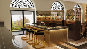 Homeroots 30" Black And Gold Velvet And Stainless Steel Low Back Bar Height Bar Chair   555064