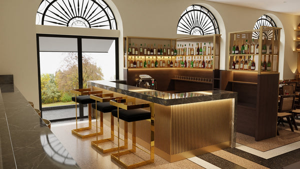 Homeroots 30" Black And Gold Velvet And Stainless Steel Low Back Bar Height Bar Chair   555064