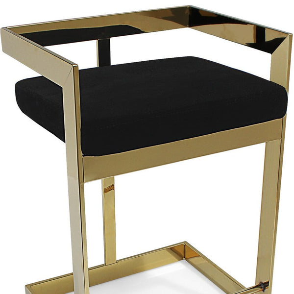 Homeroots 30" Black And Gold Velvet And Stainless Steel Low Back Bar Height Bar Chair   555064