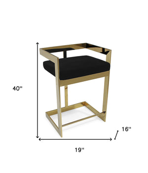 Homeroots 30" Black And Gold Velvet And Stainless Steel Low Back Bar Height Bar Chair   555064