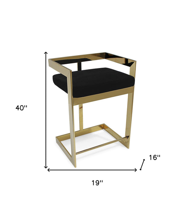 Homeroots 30" Black And Gold Velvet And Stainless Steel Low Back Bar Height Bar Chair   555064