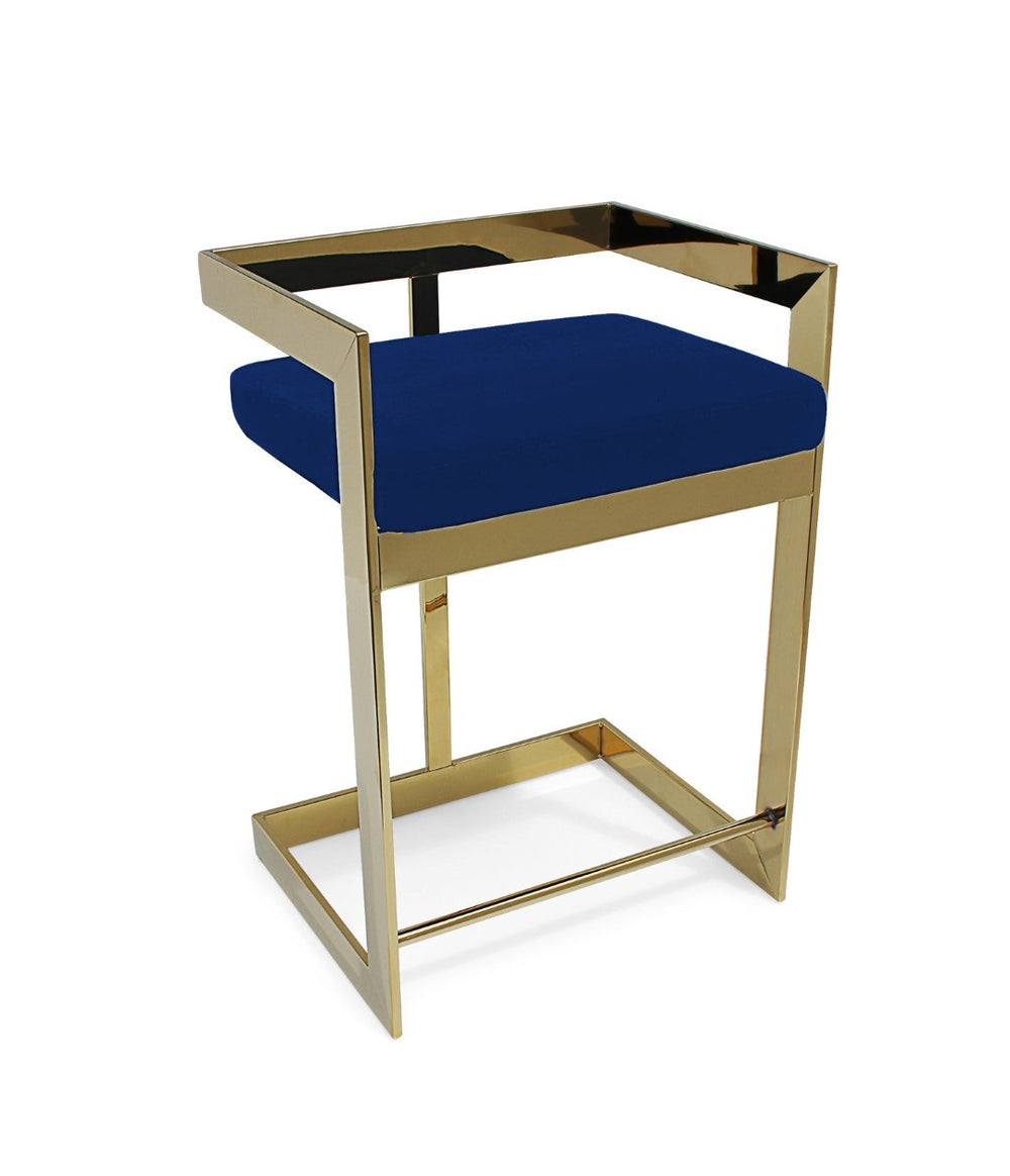 HomeRoots 30" Blue Velvet Bar Chair with Gold Metal Frame - Stylish Low-Back Design for Modern Interiors 555065
