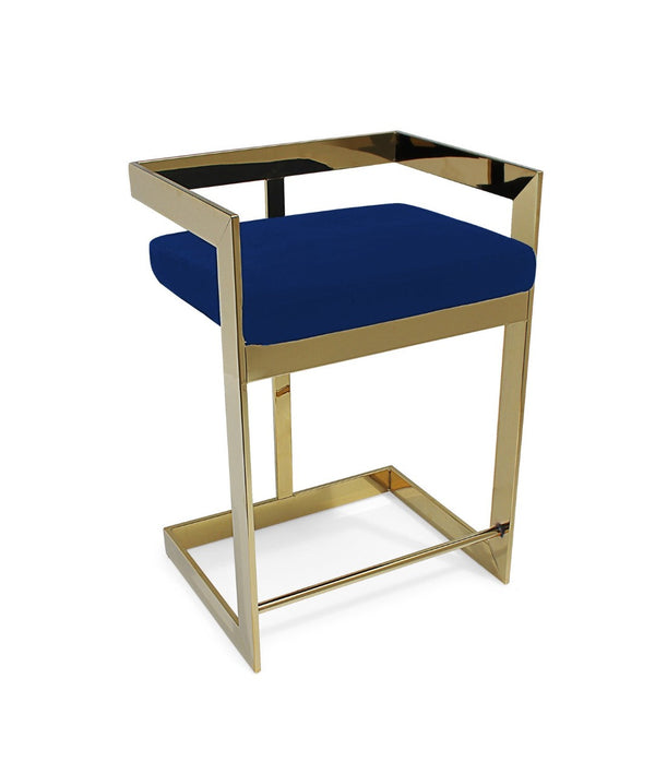 HomeRoots 30" Blue Velvet Bar Chair with Gold Metal Frame - Stylish Low-Back Design for Modern Interiors 555065