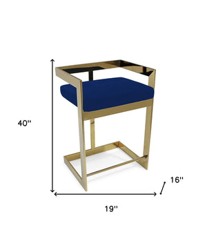 HomeRoots 30" Blue Velvet Bar Chair with Gold Metal Frame - Stylish Low-Back Design for Modern Interiors 555065