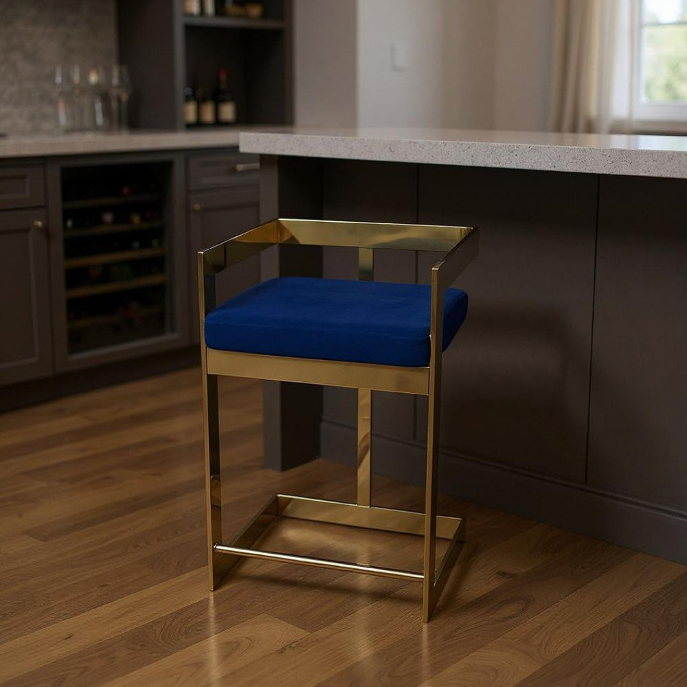HomeRoots 30" Blue Velvet Bar Chair with Gold Metal Frame - Stylish Low-Back Design for Modern Interiors 555065