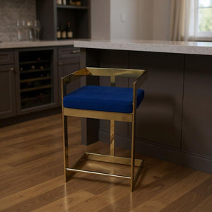 HomeRoots 30" Blue Velvet Bar Chair with Gold Metal Frame - Stylish Low-Back Design for Modern Interiors 555065