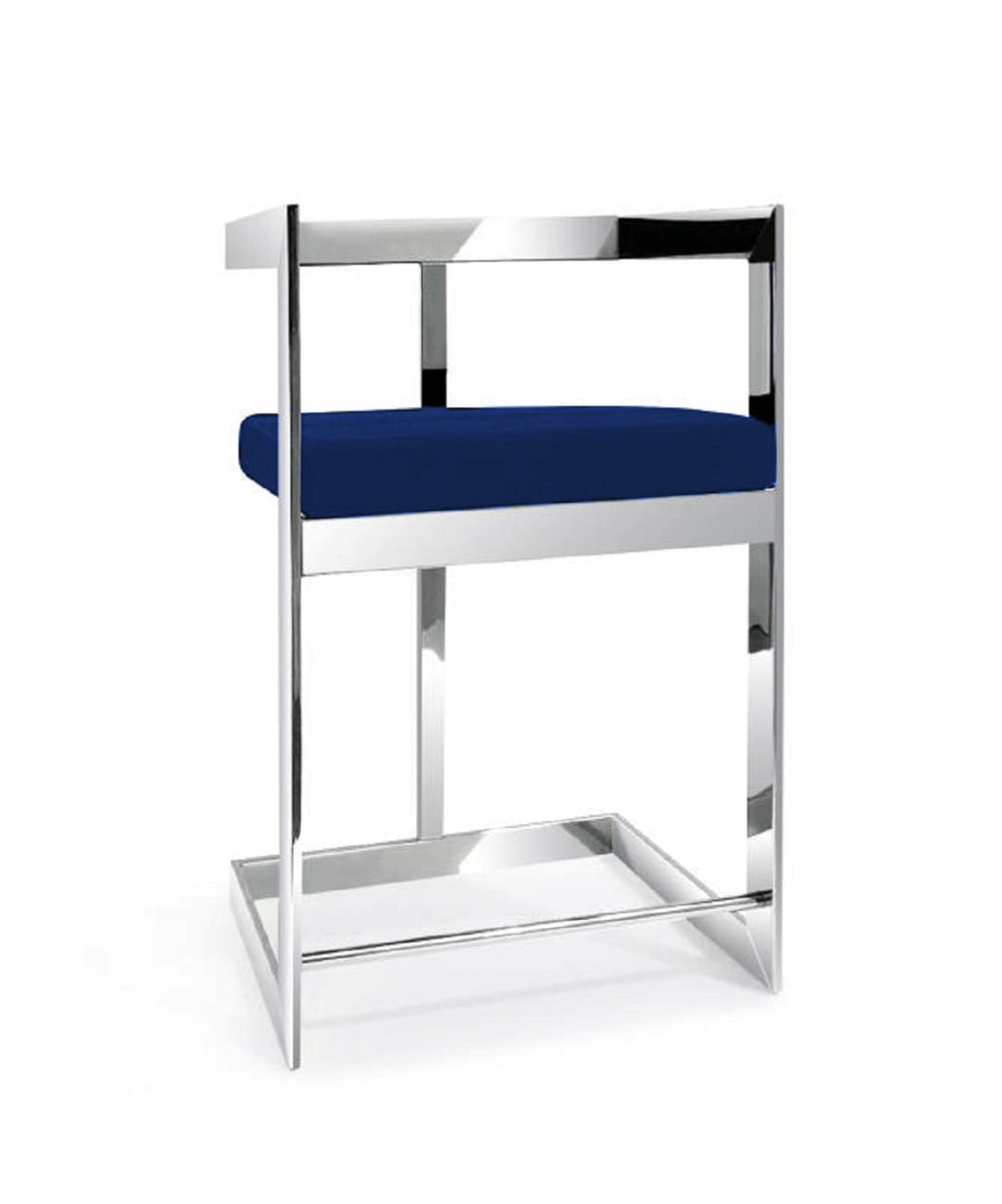 HomeRoots 30" Blue Velvet Low Back Bar Chair with Silver Metal Frame - Modern Comfort for Home Bars & Kitchens 555066
