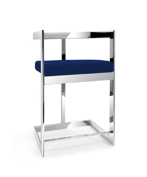 HomeRoots 30" Blue Velvet Low Back Bar Chair with Silver Metal Frame - Modern Comfort for Home Bars & Kitchens 555066