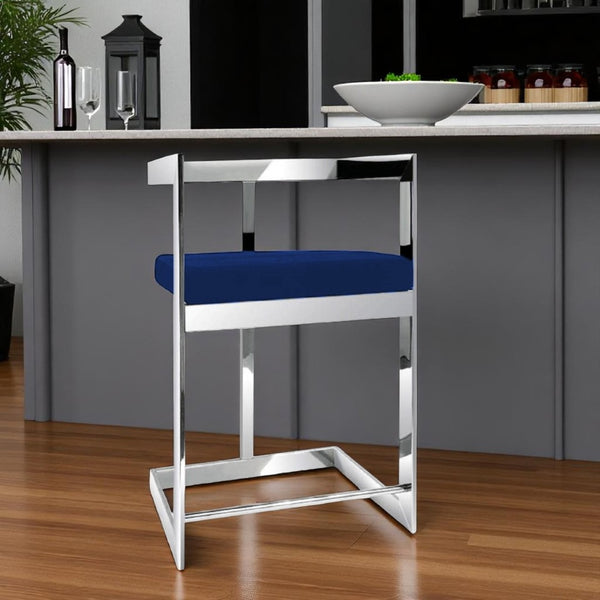 HomeRoots 30" Blue Velvet Low Back Bar Chair with Silver Metal Frame - Modern Comfort for Home Bars & Kitchens 555066