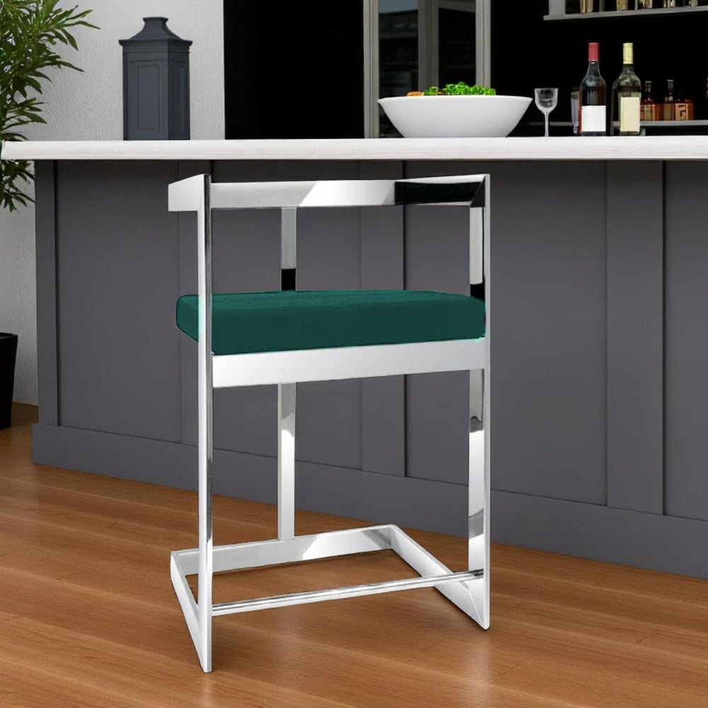 HomeRoots 30" Green Velvet Bar Chair - Chic Low-Back Metal Design with Integrated Footrest for Modern Spaces 555067