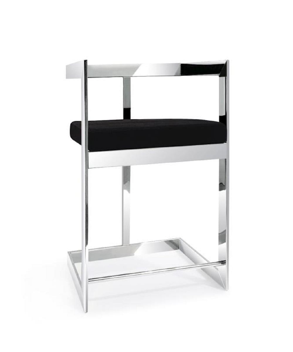 Homeroots 30" Black And Silver Velvet And Stainless Steel Low Back Bar Height Bar Chair   555070