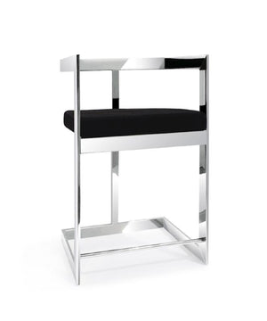 Homeroots 30" Black And Silver Velvet And Stainless Steel Low Back Bar Height Bar Chair   555070