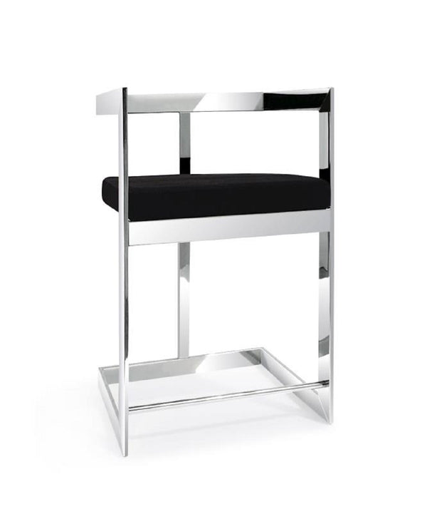 Homeroots 30" Black And Silver Velvet And Stainless Steel Low Back Bar Height Bar Chair   555070