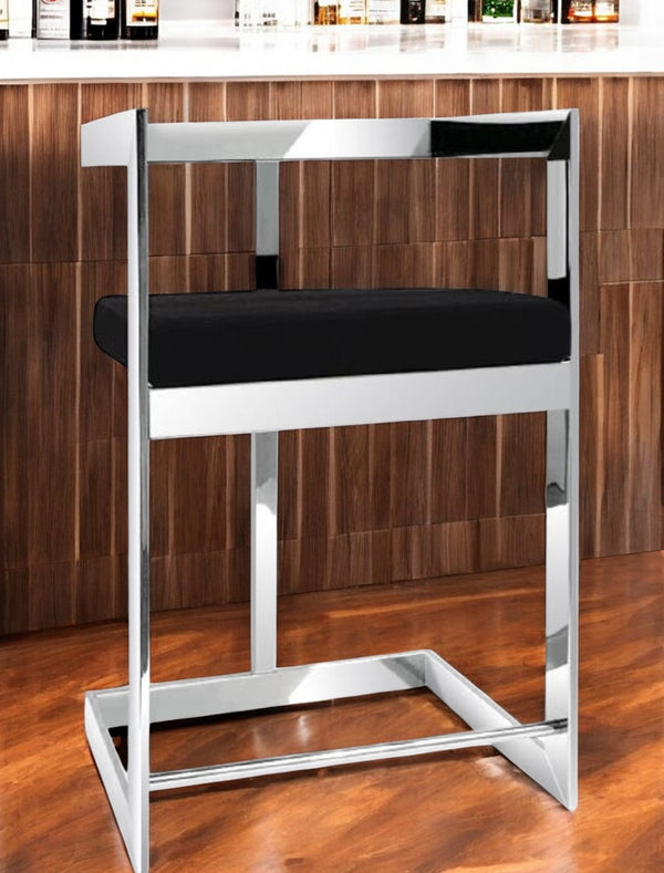 Homeroots 30" Black And Silver Velvet And Stainless Steel Low Back Bar Height Bar Chair   555070