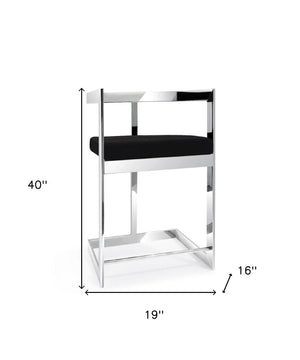 Homeroots 30" Black And Silver Velvet And Stainless Steel Low Back Bar Height Bar Chair   555070