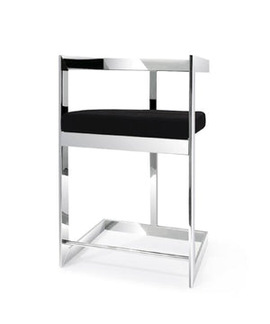 Homeroots 30" Black And Silver Velvet And Stainless Steel Low Back Bar Height Bar Chair   555070