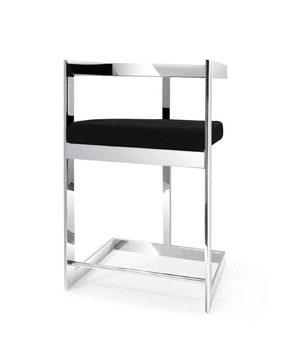 Homeroots 30" Black And Silver Velvet And Stainless Steel Low Back Bar Height Bar Chair   555070