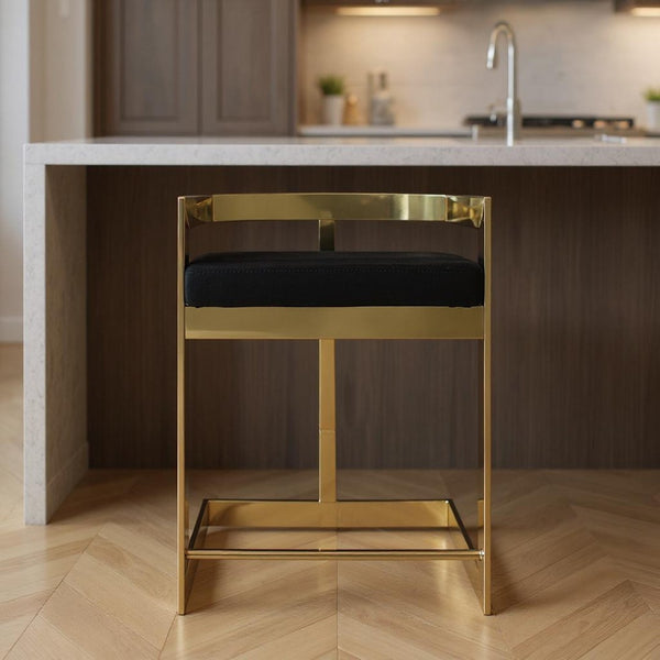 HomeRoots 26" Black and Gold Velvet Bar Chair - Stylish Low Back Counter Stool for Modern Home & Bar Use 555072