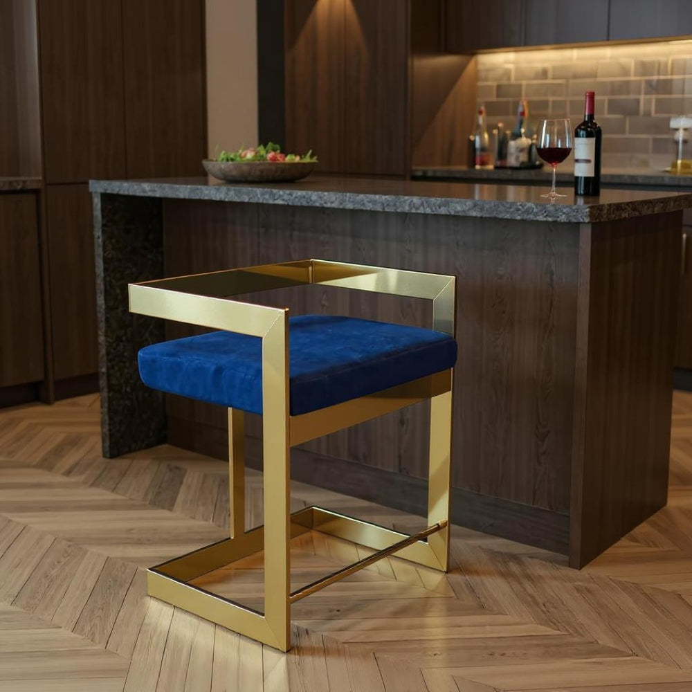 HomeRoots 26" Blue and Gold Velvet Bar Chair - Stylish Low Back Design, Perfect for Home Bars & Kitchens! 555073