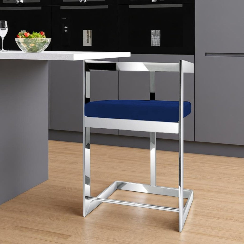 HomeRoots 26" Blue and Silver Velvet Bar Chair - Stylish Low Back Design for Modern Kitchen and Lounge Spaces 555074