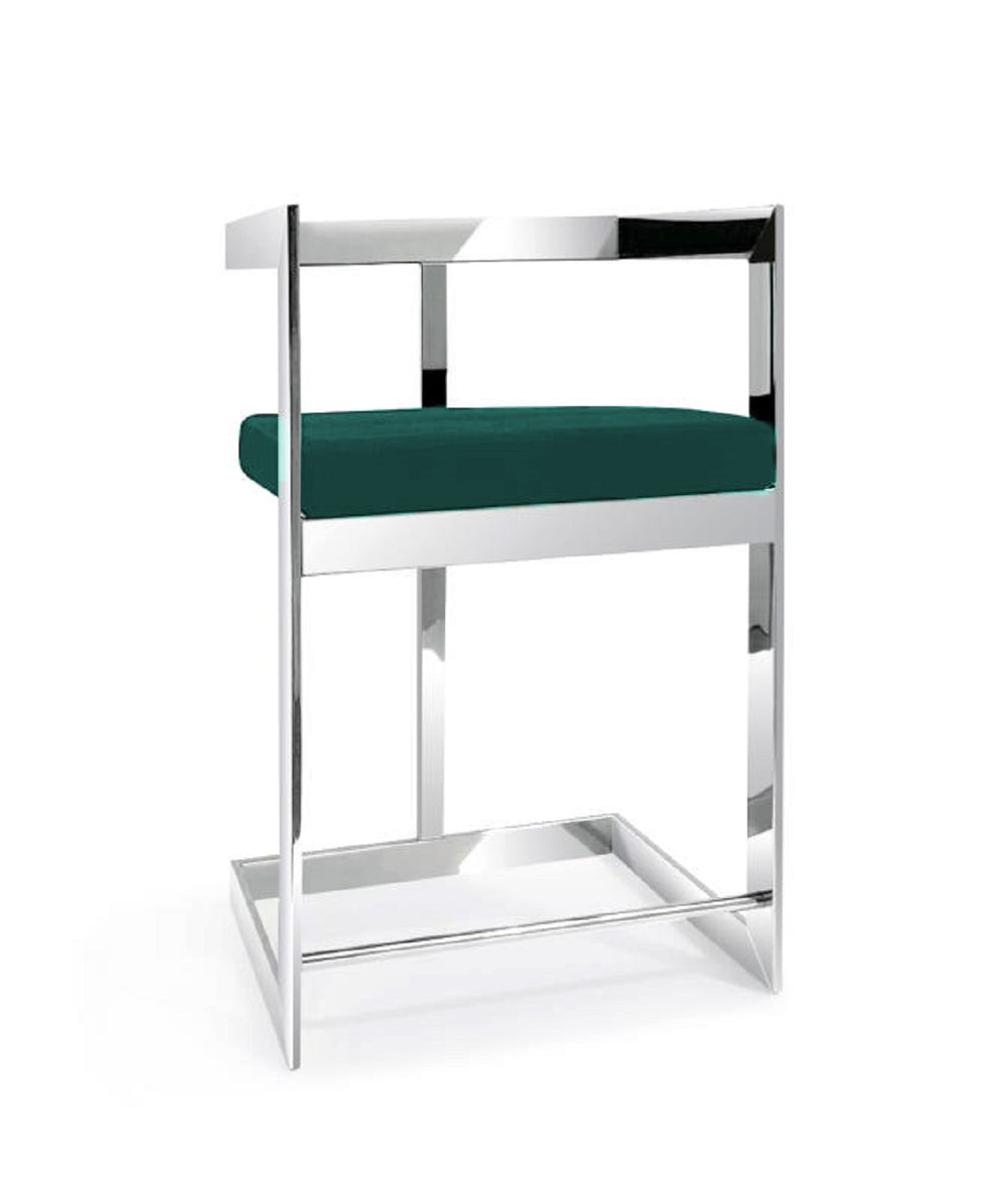 Homeroots 26" Green And Silver Velvet And Stainless Steel Low Back Counter Height Bar Chair   555075