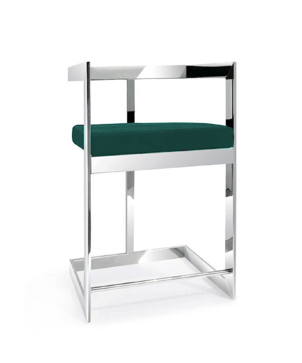 Homeroots 26" Green And Silver Velvet And Stainless Steel Low Back Counter Height Bar Chair   555075