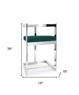 Homeroots 26" Green And Silver Velvet And Stainless Steel Low Back Counter Height Bar Chair   555075