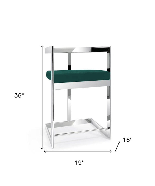Homeroots 26" Green And Silver Velvet And Stainless Steel Low Back Counter Height Bar Chair   555075