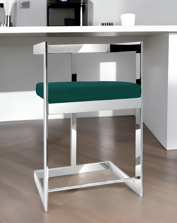 Homeroots 26" Green And Silver Velvet And Stainless Steel Low Back Counter Height Bar Chair   555075