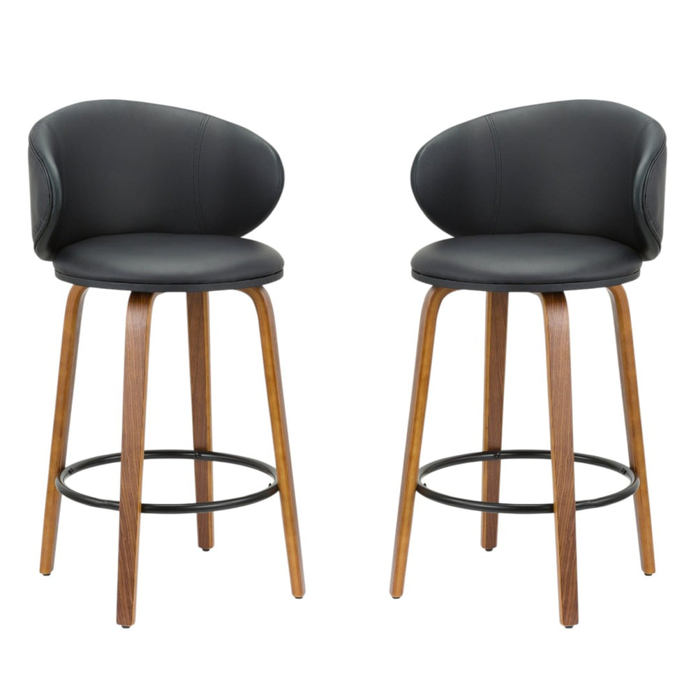 HomeRoots Set of Two 26" Stylish Black Faux Leather & Brown Wood Low Back Counter Bar Chairs for Comfort 555080