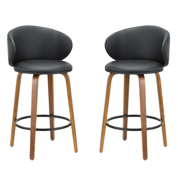 HomeRoots Set of Two 26" Stylish Black Faux Leather & Brown Wood Low Back Counter Bar Chairs for Comfort 555080