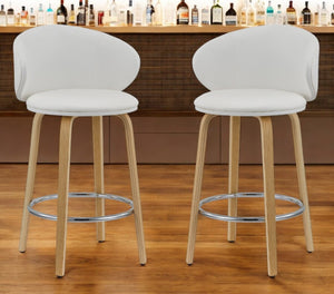 HomeRoots Set of Two Stylish 26" White Faux Leather Low Back Bar Chairs with Brown Wood Base for Modern Dining 555081