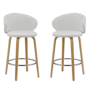 HomeRoots Set of Two Stylish 26" White Faux Leather Low Back Bar Chairs with Brown Wood Base for Modern Dining 555081