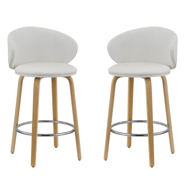 HomeRoots Set of Two Stylish 26" White Faux Leather Low Back Bar Chairs with Brown Wood Base for Modern Dining 555081