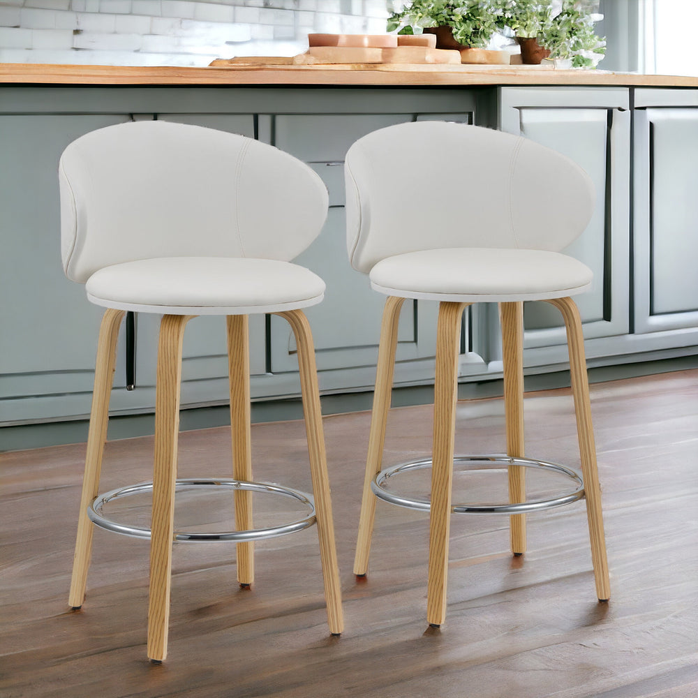 Homeroots Set Of Two 26" White And Brown Faux Leather And Metal Low Back Counter Height Bar Chairs   555081