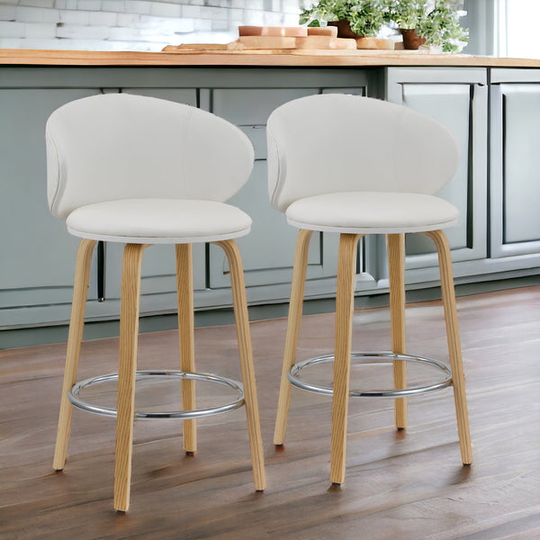 Homeroots Set Of Two 26" White And Brown Faux Leather And Metal Low Back Counter Height Bar Chairs   555081