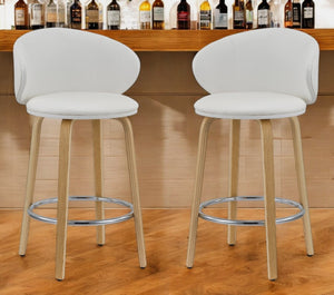 HomeRoots Set of Two Stylish 26" White Faux Leather Low Back Bar Chairs with Brown Wood Base for Modern Dining 555081