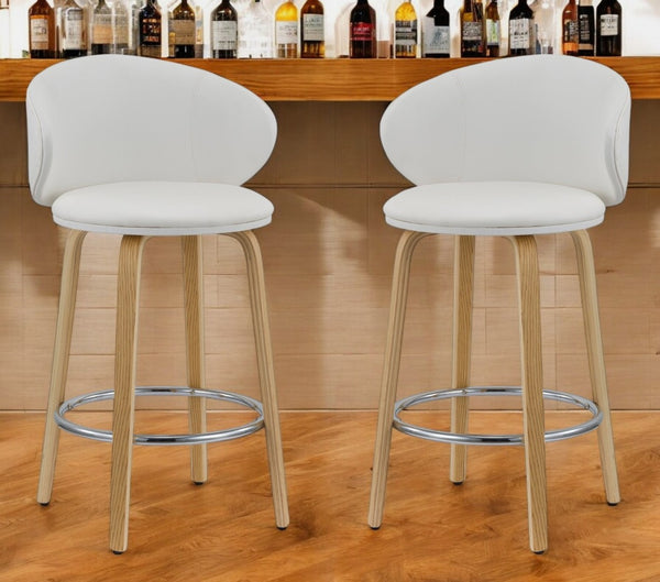 HomeRoots Set of Two Stylish 26" White Faux Leather Low Back Bar Chairs with Brown Wood Base for Modern Dining 555081