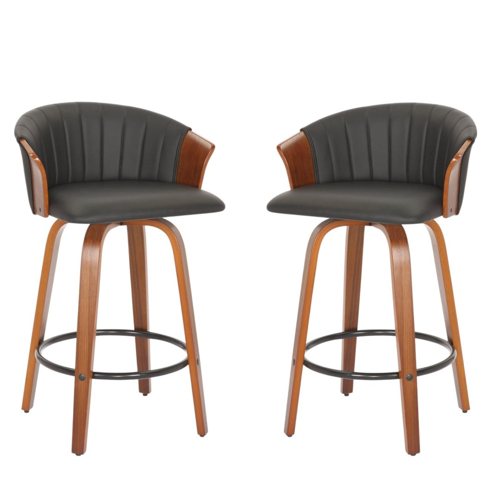 HomeRoots Set of Two Stylish Black Faux Leather & Solid Wood Low Back Bar Chairs for Modern Spaces 555082