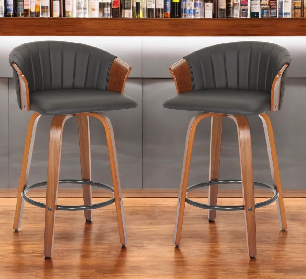 HomeRoots Set of Two Stylish Black Faux Leather & Solid Wood Low Back Bar Chairs for Modern Spaces 555082
