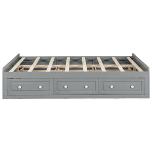 English Elm Wood Queen Platform Bed Solid Pine Frame Six Storage Drawers No Box Spring Needed Gray N709P241723E-1