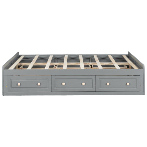 English Elm Wood Queen Platform Bed Solid Pine Frame Six Storage Drawers No Box Spring Needed Gray N709P241723E-1