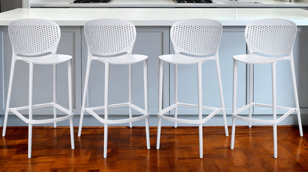 Homeroots Set Of Four 30" White Heavy Duty Plastic Low Back Bar Height Bar Chairs   555086