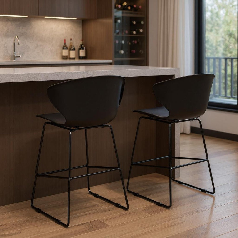 HomeRoots Set of Two Sleek 30" Black Bar Stools - Durable Metal and Plastic Chairs for Modern Spaces 555094