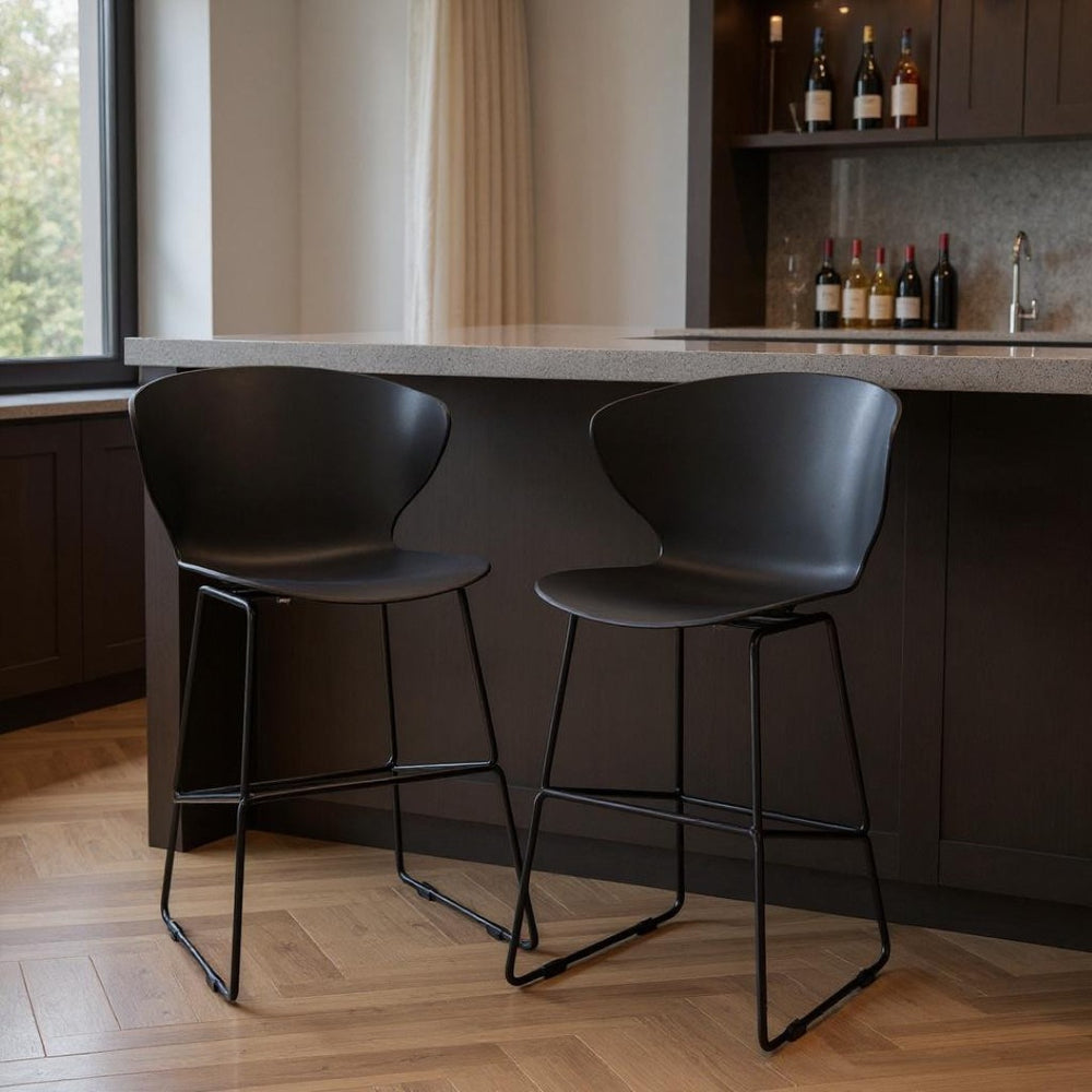 HomeRoots Set of Two Sleek 30" Black Bar Stools - Durable Metal and Plastic Chairs for Modern Spaces 555094